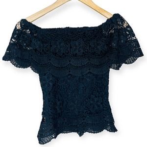IRIS Black Lace Off Shoulder Ruffle Top SMALL Cute Floral Victorian